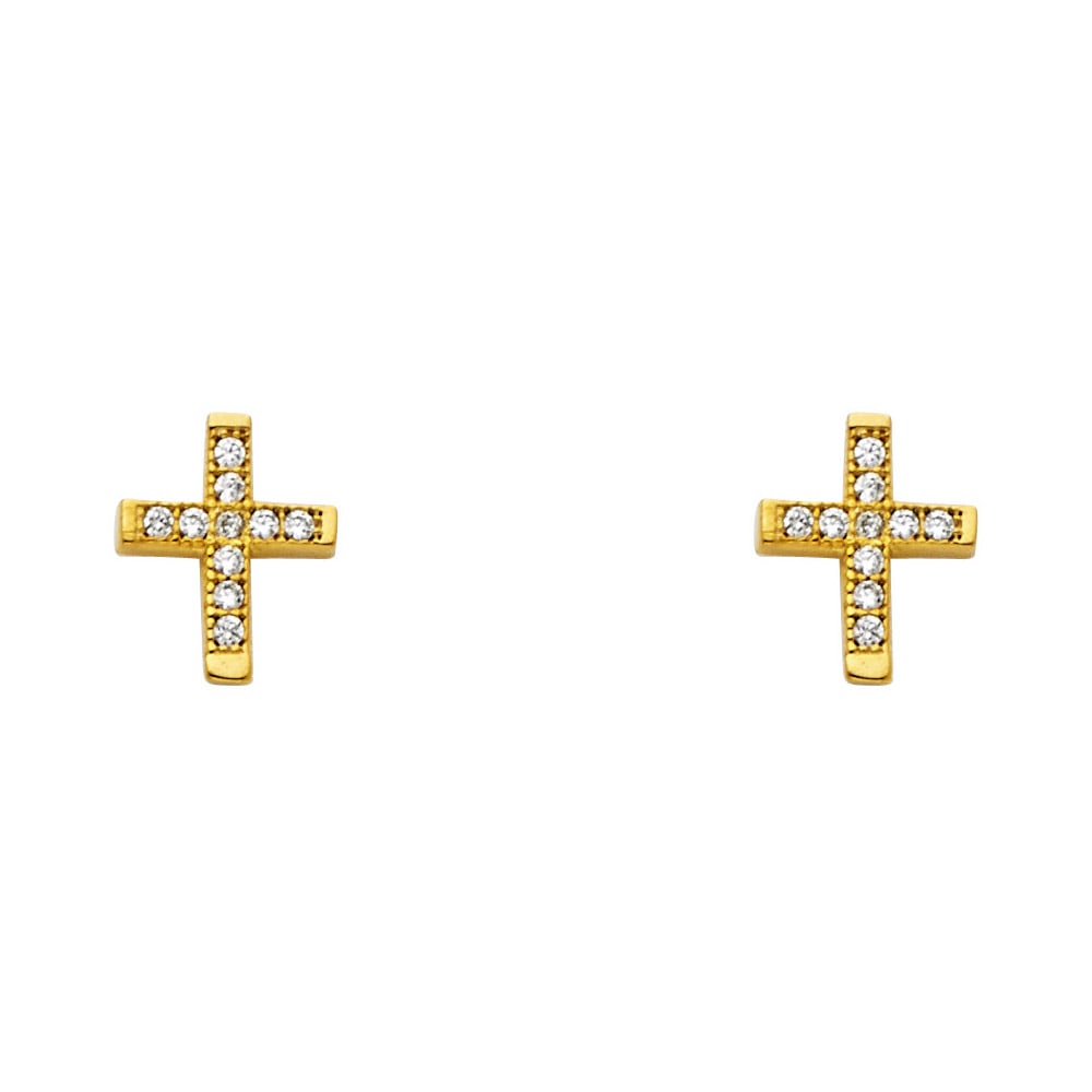 14KY CZ CROSS POST EARRINGS: 14KY CZ Cross Post Earrings Material Type : 14k Gold Material Color : Yellow Avg. Weight: 1.2 Gr. Size: Height : 8 mm, Width : 7 mm Accessories: None Notice: When purchasing pre-owned goods, please