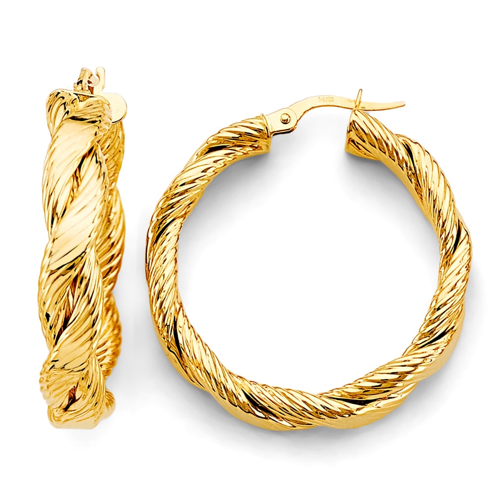 14KY FANCY BRAIDED LINED HOOP EARRINGS: 14KY Fancy Braided Lined Hoop Earrings Material Type : 14k Gold Material Color : Yellow Avg. Weight: 4.51 Gr. Size: Height : 30 mm, Width : 30 mm Accessories: None Notice: When purchasing pre-owned