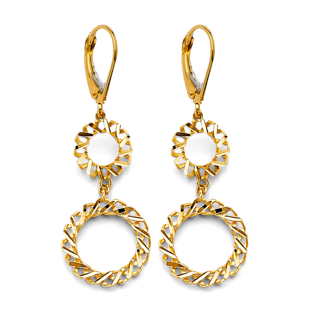 14KY FANCY HANGING CIRCLE EARRINGS: 14KY Fancy Hanging Circle Earrings Material Type : 14k Gold Material Color : Yellow Avg. Weight: 2.54 Gr. Size: Height : 45 mm, Width : 15 mm Accessories: None Notice: When purchasing pre-owned goo