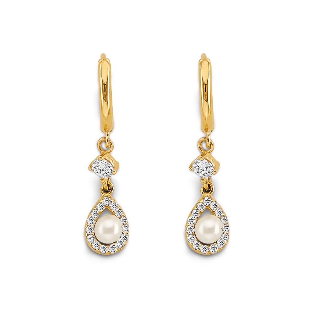 14KY CZ PEARL HANGING HUGGIES EARRINGS: 14KY CZ Pearl Hanging Huggies Earrings Material Type : 14k Gold Material Color : Yellow Avg. Weight: 2.05 Gr. Size: Height : 25 mm, Width : 5 mm Accessories: None Notice: When purchasing pre-owned