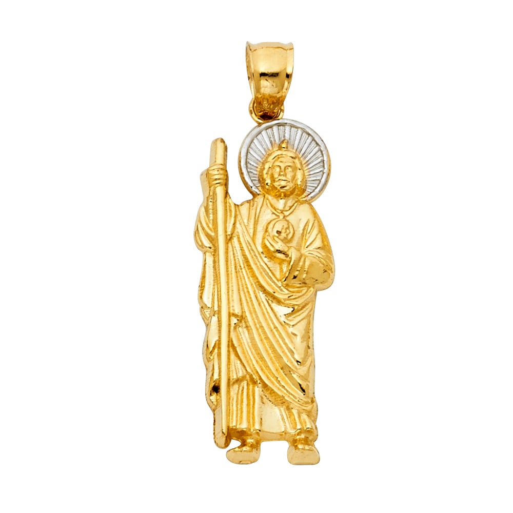 14K 2T ST. JUDE THADDEUS PENDANT: 14K 2T St. Jude Thaddeus Pendant Material Type : 14k Gold Material Color : Two Tone Avg. Weight: 1.98 Gr. Size: Height 35 mm, Width 10 mm Accessories: None Notice: When purchasing pre-owned goods,