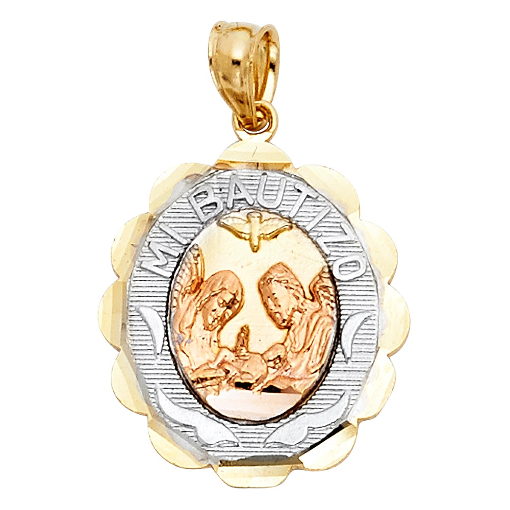 14K MI BAUTIZO PENDANT OVAL BIG: 14K Mi Bautizo Pendant Oval Big Material Type : 14k Gold Material Color : Tri Color Avg. Weight: 1.85 Gr. Size: Height 20 mm, Width 15 mm Accessories: None Notice: When purchasing pre-owned goods,