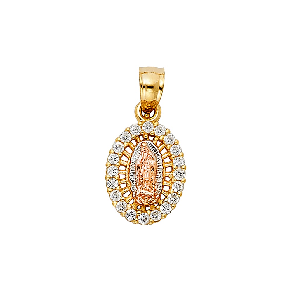 14K CZ RELIGIOUS PENDANT: 14K CZ Religious Pendant Material Type : 14k Gold Material Color : Tri Color Avg. Weight: 0.89 Gr. Size: Height 12 mm, Width 10 mm Accessories: None Notice: When purchasing pre-owned goods, please