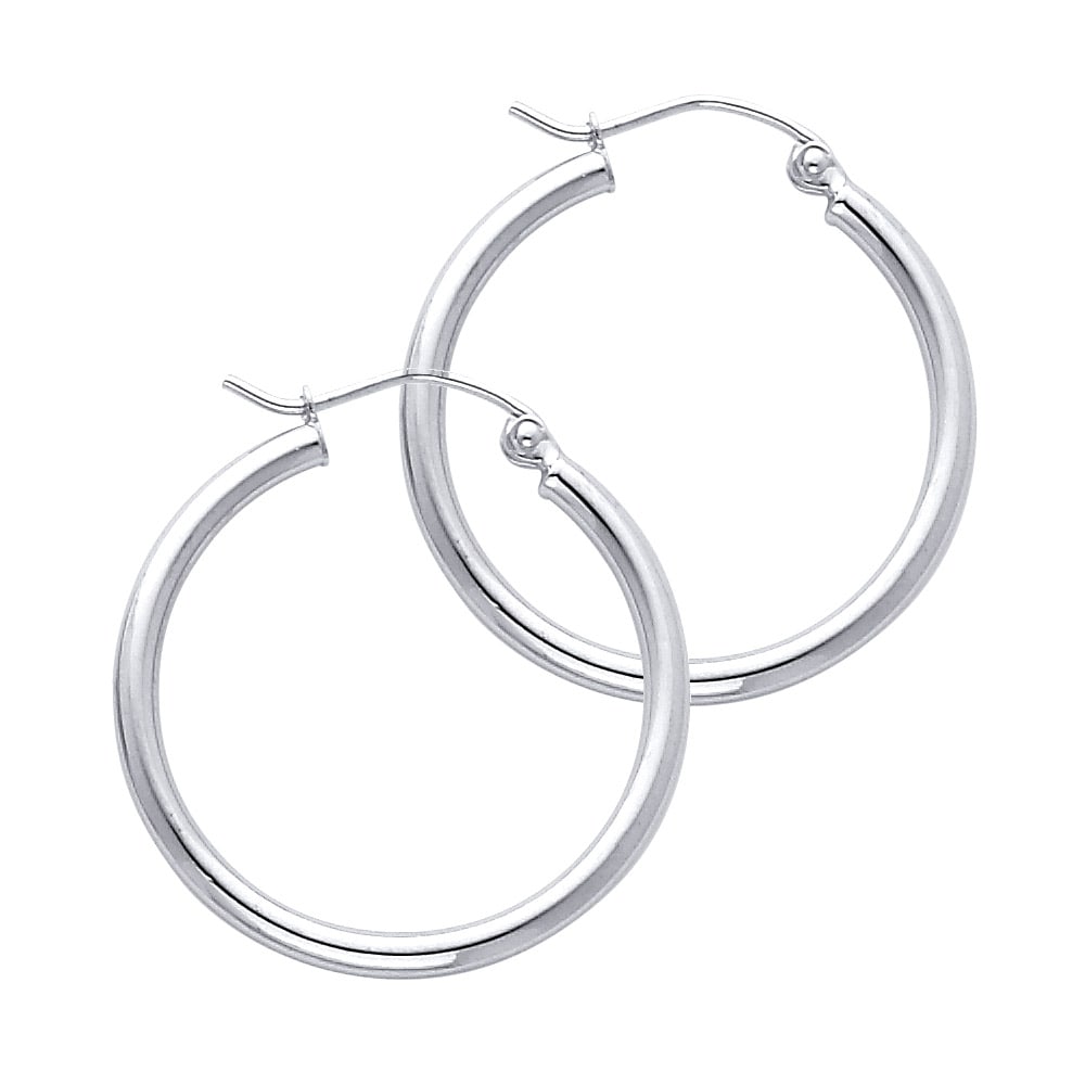 14KW ROUND TUBE POLISHED HOOP EARRINGS: 14KW Round Tube Polished Hoop Earrings Material Type : 14k Gold Material Color : White Avg. Weight: 1.38 Gr. Size: Height : 25 mm, Width : 25 mm Accessories: None Notice: When purchasing pre-owned