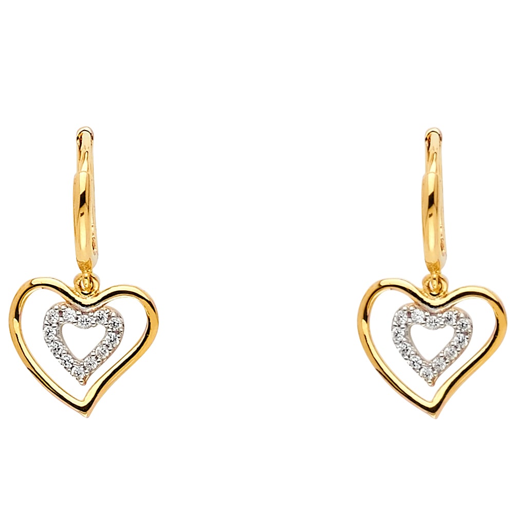 14K 2T CZ HEART HANGING EARRINGS: 14K 2T CZ Heart Hanging Earrings Material Type : 14k Gold Material Color : Two Tone Avg. Weight: 2.23 Gr. Size: Height : 10 mm, Width : 12 mm Accessories: None Notice: When purchasing pre-owned goo