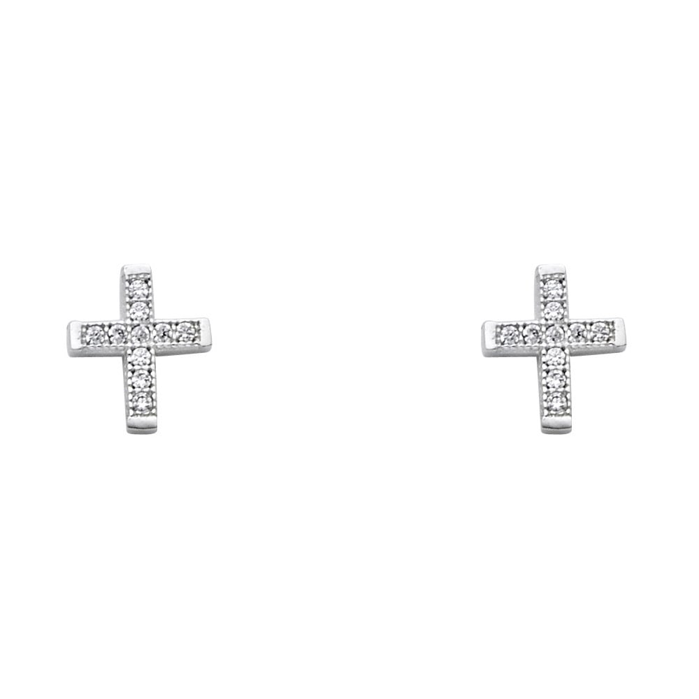 14KW CZ CROSS POST EARRINGS: 14KW CZ Cross Post Earrings Material Type : 14k Gold Material Color : White Avg. Weight: 1.2 Gr. Size: Height : 8 mm, Width : 7 mm Accessories: None Notice: When purchasing pre-owned goods, please