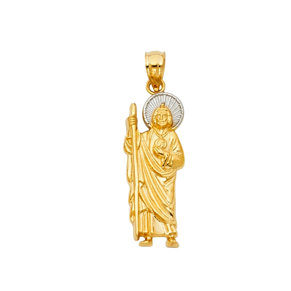 14K 2T ST. JUDE THADDEUS PENDANT: 14K 2T St. Jude Thaddeus Pendant Material Type : 14k Gold Material Color : Two Tone Avg. Weight: 1.24 Gr. Size: Height 30 mm, Width 8 mm Accessories: None Notice: When purchasing pre-owned goods,