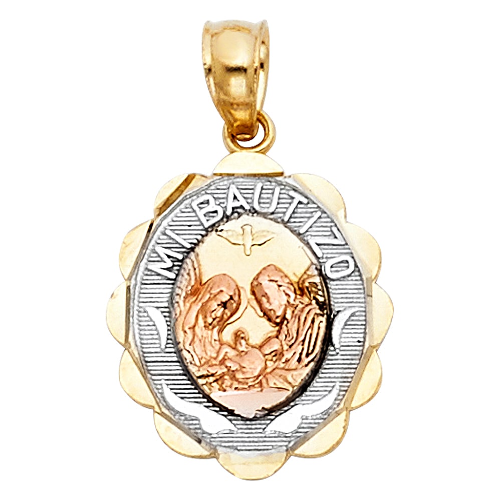 14K MI BAUTIZO PENDANT OVAL SMALL: 14K Mi Bautizo Pendant Oval Small Material Type : 14k Gold Material Color : Tri Color Avg. Weight: 1.19 Gr. Size: Height 15 mm, Width 10 mm Accessories: None Notice: When purchasing pre-owned goods,