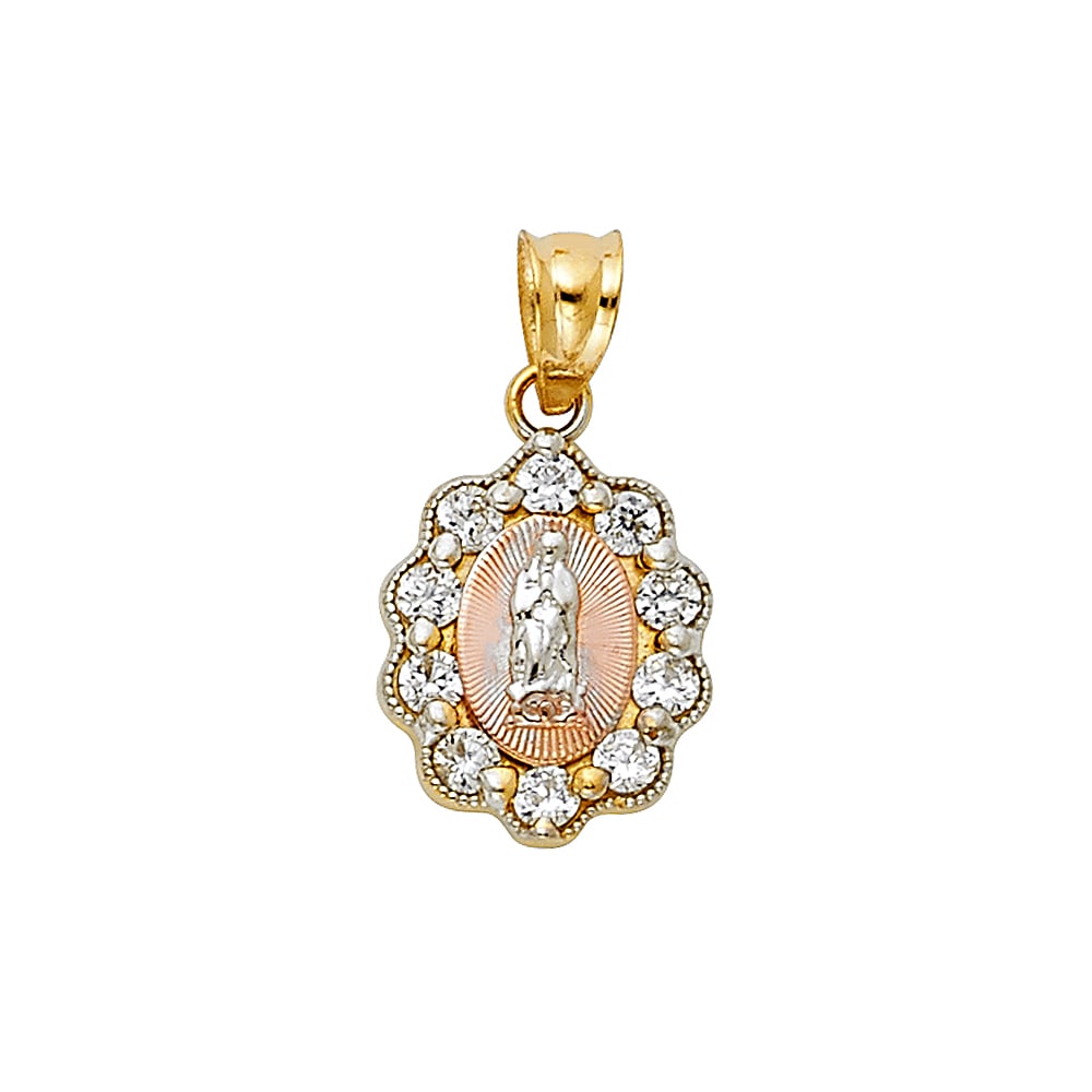 14K CZ RELIGIOUS PENDANT: 14K CZ Religious Pendant Material Type : 14k Gold Material Color : Tri Color Avg. Weight: 1.07 Gr. Size: Height 20 mm, Width 10 mm Accessories: None Notice: When purchasing pre-owned goods, please