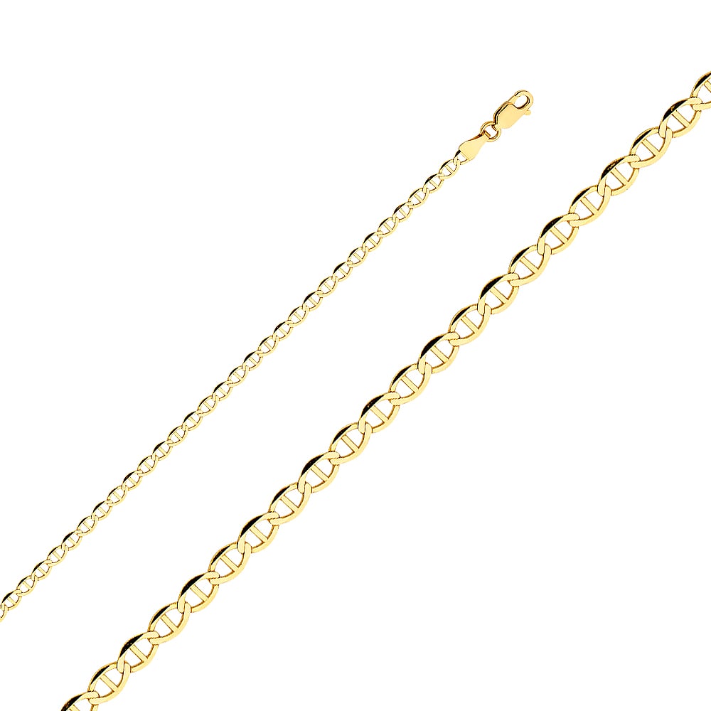 14KY FLAT MARINER CHAIN: 14KY Flat Mariner Chain Material Type : 14k Gold Material Color : Yellow Avg. Weight: 2.03 Gr. Size: Length : 7 inch, Width 3.4mm Accessories: None Notice: When purchasing pre-owned goods, please
