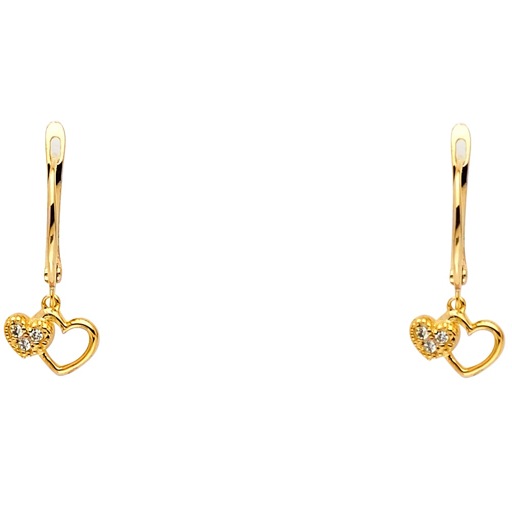 14KY CZ 2 HEARTS HANGING EARRINGS: 14KY CZ 2 Hearts Hanging Earrings Material Type : 14k Gold Material Color : Yellow Avg. Weight: 1.35 Gr. Size: Height : 5 mm, Width : 8 mm Accessories: None Notice: When purchasing pre-owned goods,