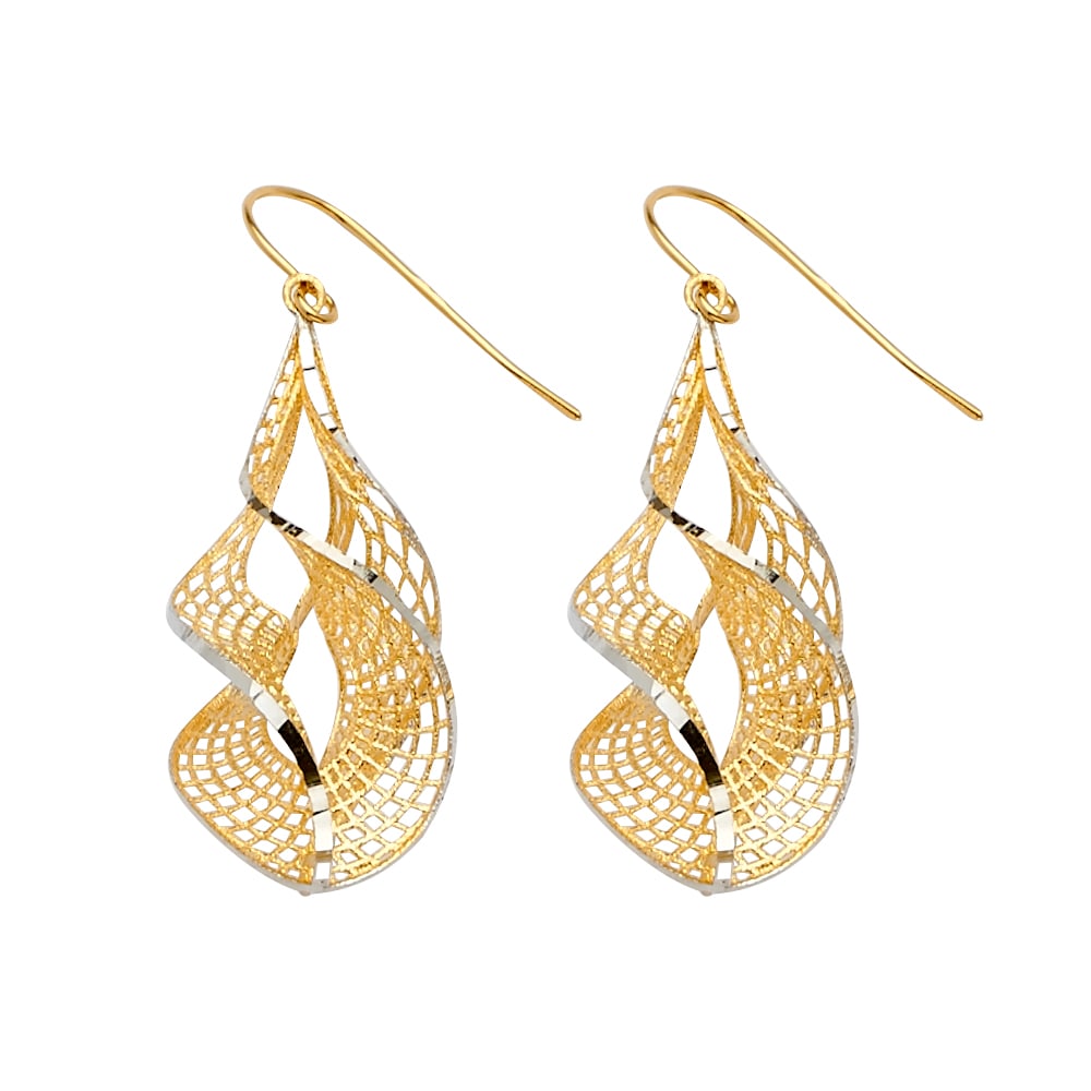 14K 2T FANCY DANGLING EARRINGS: 14K 2T Fancy Dangling Earrings Material Type : 14k Gold Material Color : Two Tone Avg. Weight: 2.81 Gr. Size: Height : 36 mm, Width : 15 mm Accessories: None Notice: When purchasing pre-owned goods,