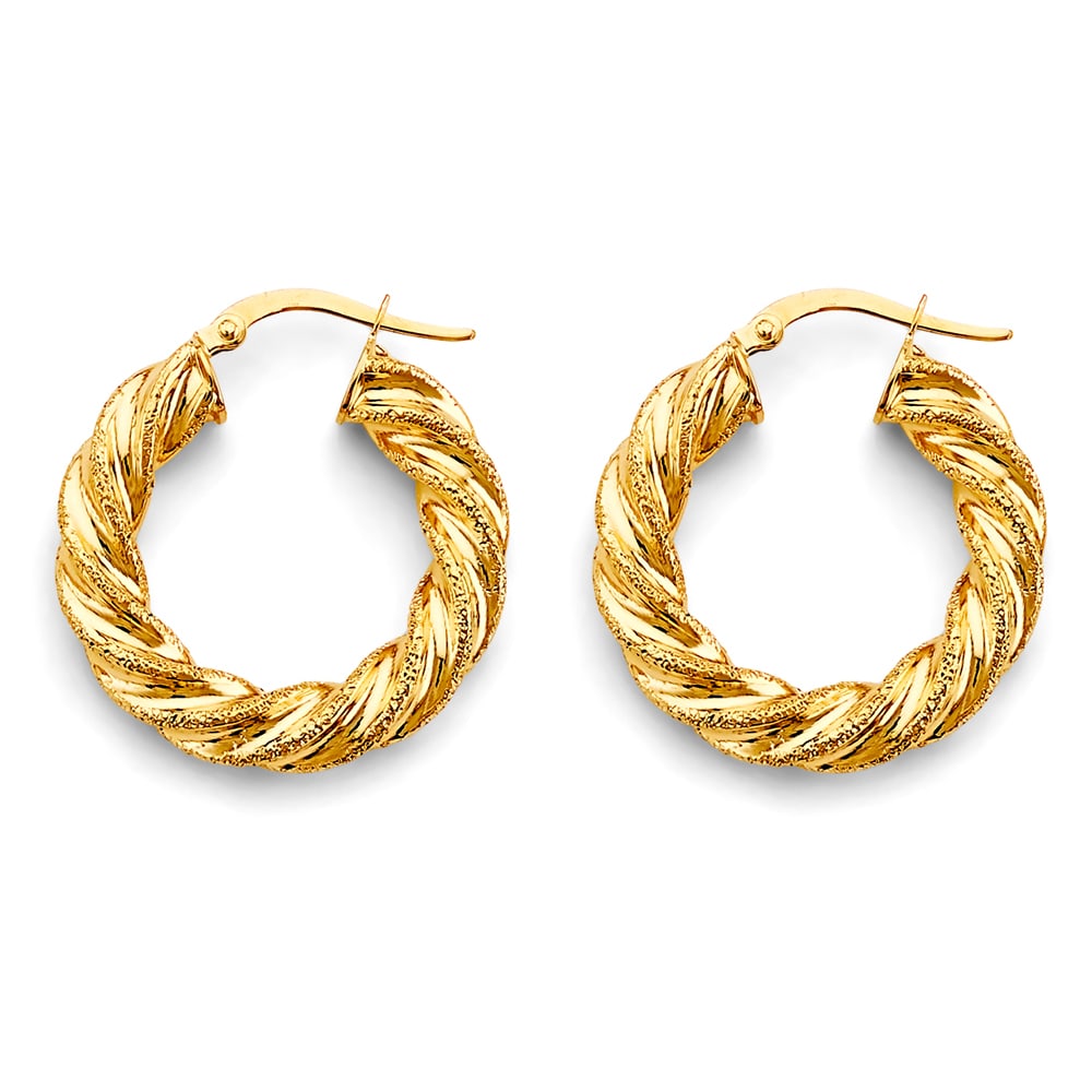 14KY HOLLOW TWIST HOOP EARRINGS: 14KY Hollow Twist Hoop Earrings Material Type : 14k Gold Material Color : Yellow Avg. Weight: 3.29 Gr. Size: Height : 25 mm, Width : 25 mm Accessories: None Notice: When purchasing pre-owned goods,