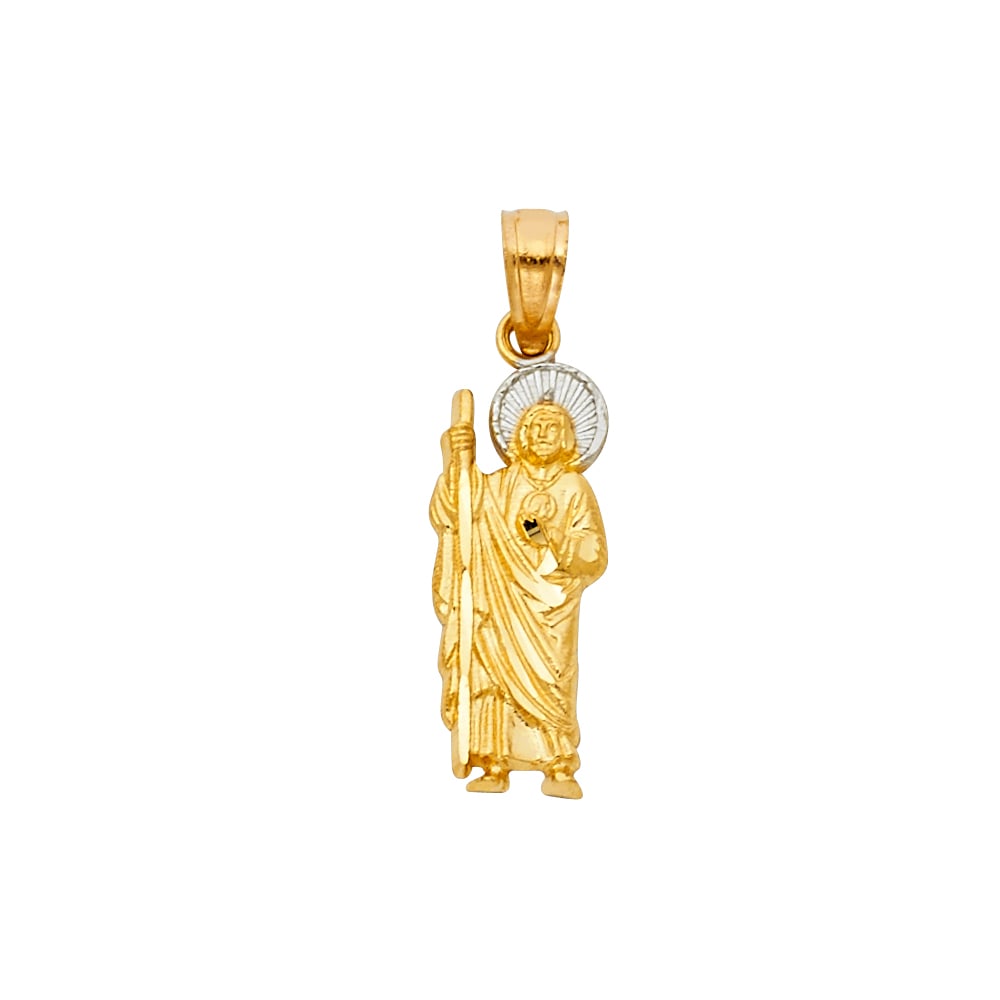 14K 2T ST. JUDE THADDEUS PENDANT: 14K 2T St. Jude Thaddeus Pendant Material Type : 14k Gold Material Color : Two Tone Avg. Weight: 0.87 Gr. Size: Height 25 mm, Width 7 mm Accessories: None Notice: When purchasing pre-owned goods, p