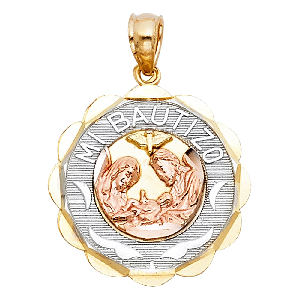 14K MI BAUTIZO PENDANT ROUND BIG: 14K Mi Bautizo Pendant Round Big Material Type : 14k Gold Material Color : Tri Color Avg. Weight: 2.12 Gr. Size: Height 20 mm, Width 20 mm Accessories: None Notice: When purchasing pre-owned goods,
