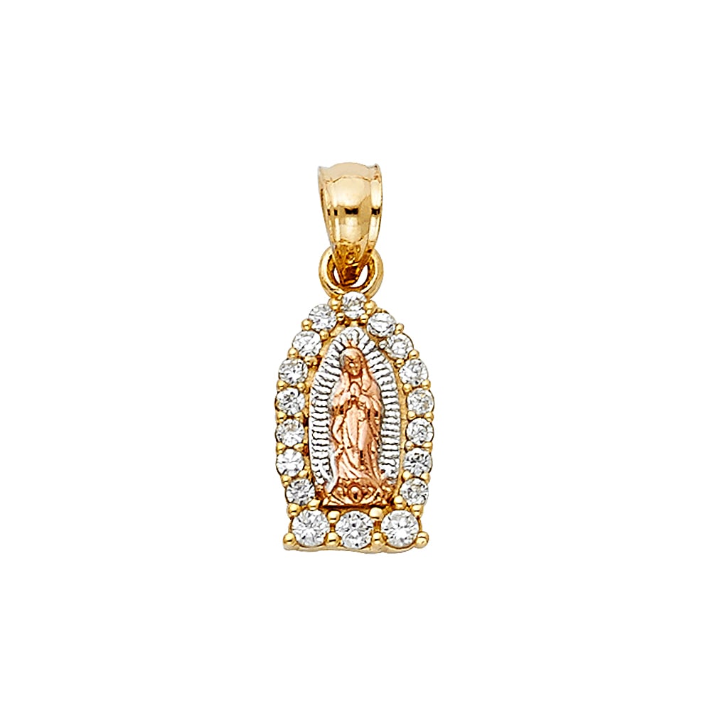 14K CZ RELIGIOUS PENDANT: 14K CZ Religious Pendant Material Type : 14k Gold Material Color : Tri Color Avg. Weight: 1.01 Gr. Size: Height 15 mm, Width 8 mm Accessories: None Notice: When purchasing pre-owned goods, please