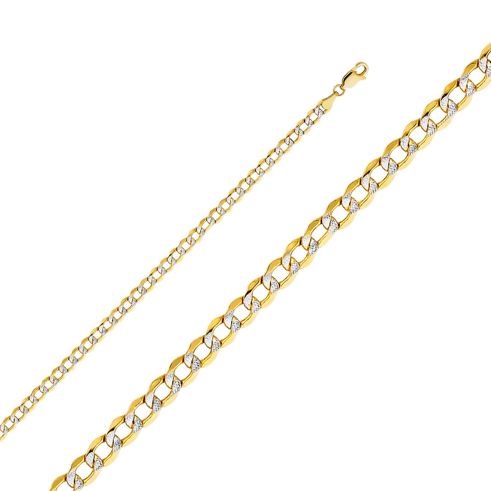 14KY HOLLOW CUBAN WP CHAIN: 14KY Hollow Cuban WP Chain Material Type : 14k Gold Material Color : Two Tone Avg. Weight: 6.39 Gr. Size: Length : 18 inch, Width 4.2mm Accessories: None Notice: When purchasing pre-owned goods, pl