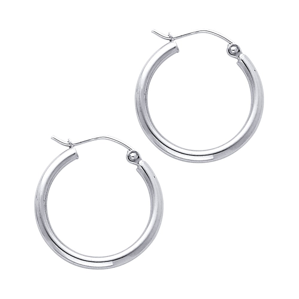 14KW ROUND TUBE POLISHED HOOP EARRINGS: 14KW Round Tube Polished Hoop Earrings Material Type : 14k Gold Material Color : White Avg. Weight: 1.12 Gr. Size: Height : 20 mm, Width : 20 mm Accessories: None Notice: When purchasing pre-owned
