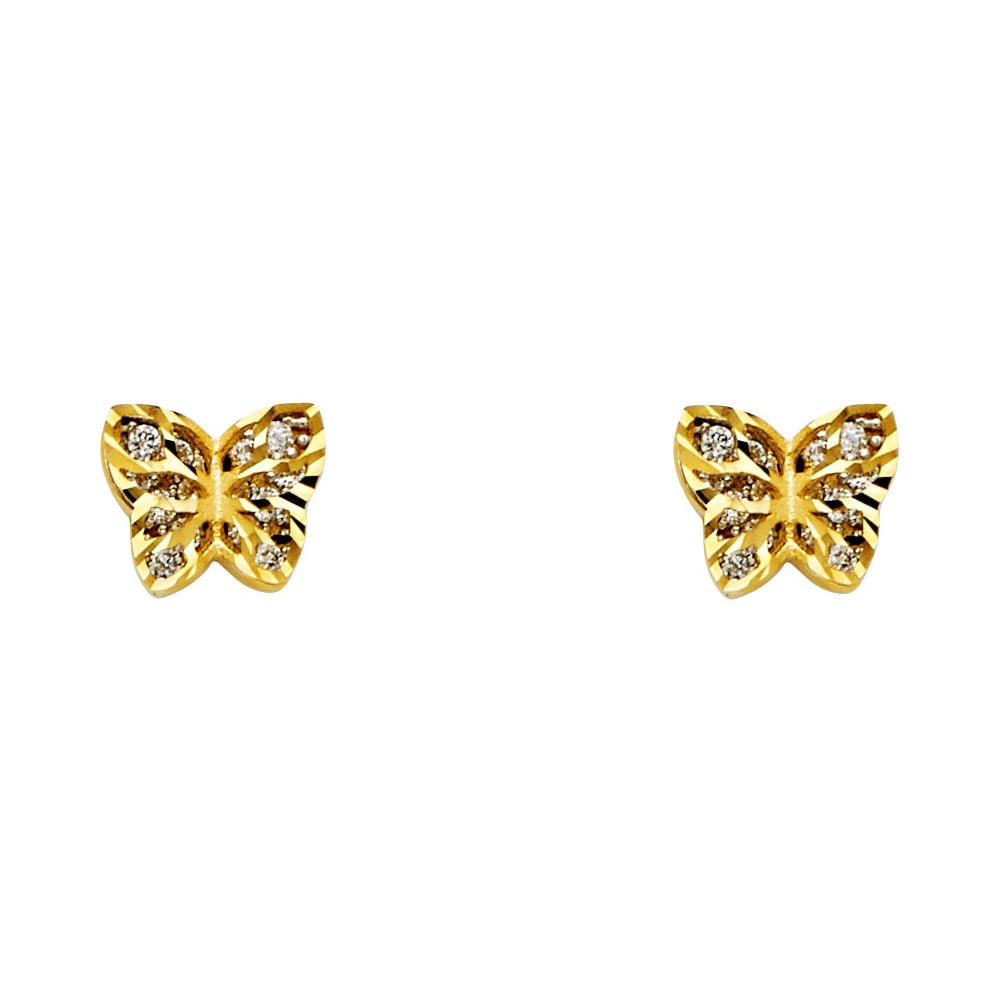 14KY CZ BUTTERFLY POST EARRINGS: 14KY CZ Butterfly Post Earrings Material Type : 14k Gold Material Color : Yellow Avg. Weight: 1.54 Gr. Size: Height : 7 mm, Width : 8 mm Accessories: None Notice: When purchasing pre-owned goods,
