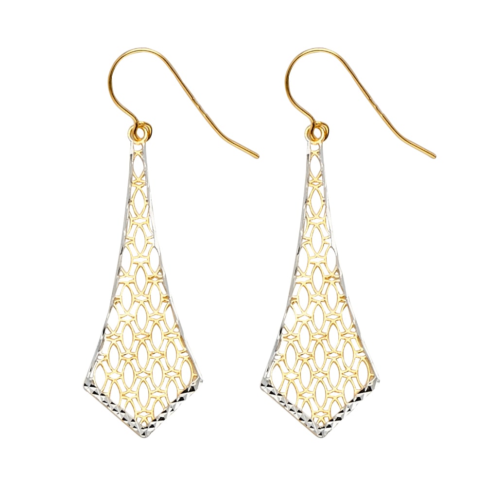 14K 2T FANCY DANGLING EARRINGS: 14K 2T Fancy Dangling Earrings Material Type : 14k Gold Material Color : Two Tone Avg. Weight: 1.1 Gr. Size: Height : 46 mm, Width : 12 mm Accessories: None Notice: When purchasing pre-owned goods,
