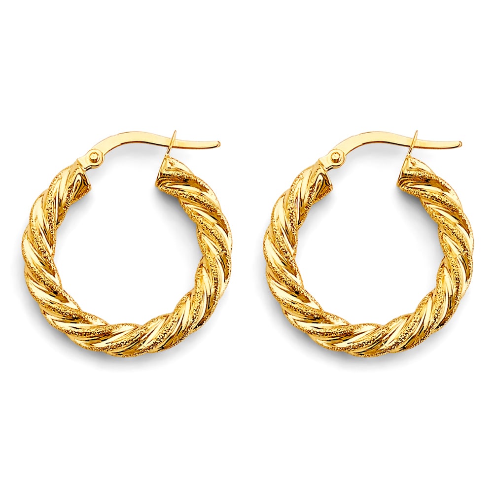 14KY HOLLOW TWIST HOOP EARRINGS: 14KY Hollow Twist Hoop Earrings Material Type : 14k Gold Material Color : Yellow Avg. Weight: 2.53 Gr. Size: Height : 22 mm, Width : 22 mm Accessories: None Notice: When purchasing pre-owned goods,