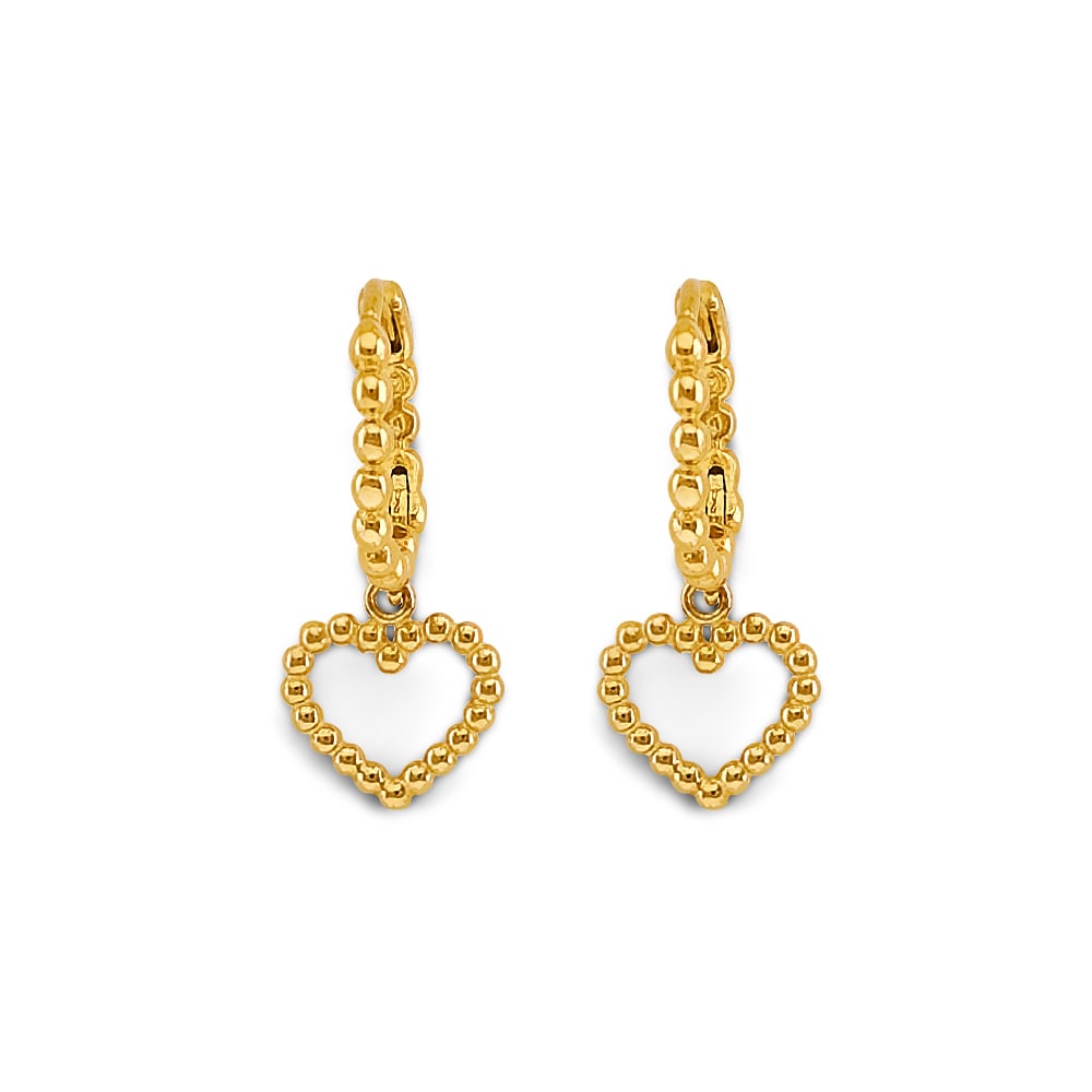 14KY BEAD HEART HUGGIES EARRINGS: 14KY Bead Heart Huggies Earrings Material Type : 14k Gold Material Color : Yellow Avg. Weight: 1.58 Gr. Size: Height : 20 mm, Width : 8 mm Accessories: None Notice: When purchasing pre-owned goods,