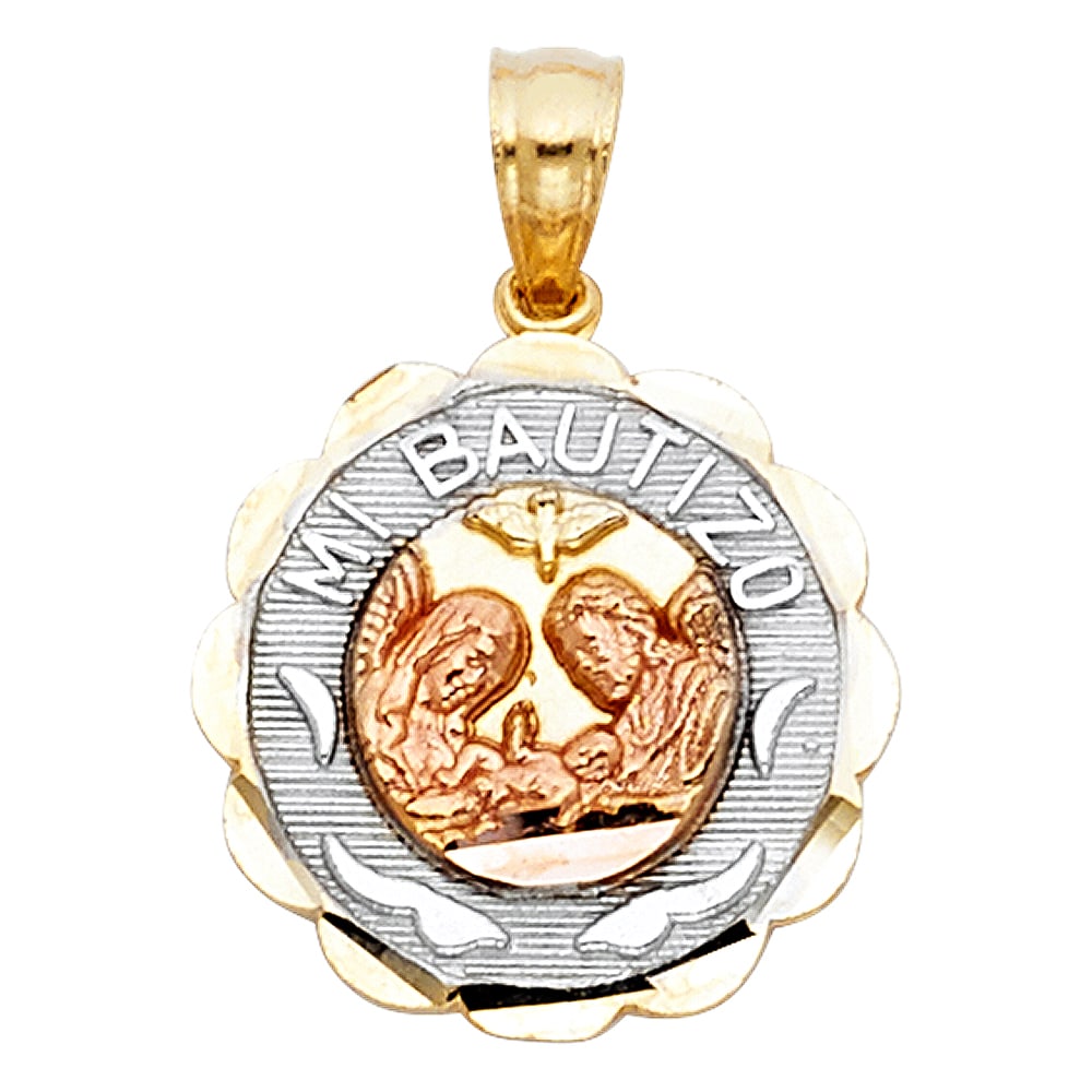 14K MI BAUTIZO PENDANT ROUND SMALL: 14K Mi Bautizo Pendant Round Small Material Type : 14k Gold Material Color : Tri Color Avg. Weight: 1.33 Gr. Size: Height 15 mm, Width 15 mm Accessories: None Notice: When purchasing pre-owned goods,