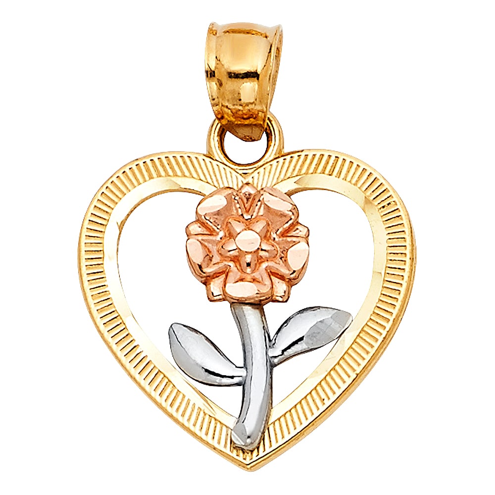 14K HEART FLOWER PENDANT: 14K Heart Flower Pendant Material Type : 14k Gold Material Color : Tri Color Avg. Weight: 1.56 Gr. Size: Height 18 mm, Width 17 mm Accessories: None Notice: When purchasing pre-owned goods, please