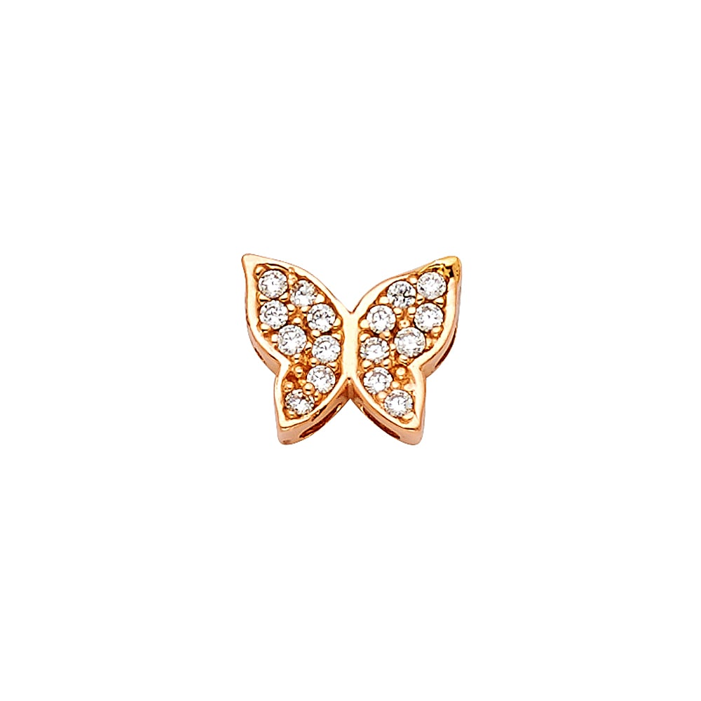 14K PINK CZ BUTTERFLY PENDANT: 14K Pink CZ Butterfly Pendant Material Type : 14k Gold Material Color : Pink Avg. Weight: 0.67 Gr. Size: Height 10 mm, Width 8 mm Accessories: None Notice: When purchasing pre-owned goods, please