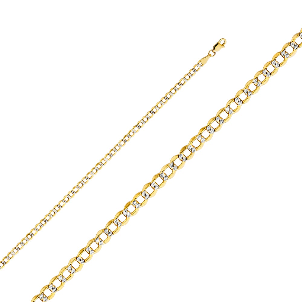 14KY HOLLOW CUBAN WP CHAIN: 14KY Hollow Cuban WP Chain Material Type : 14k Gold Material Color : Two Tone Avg. Weight: 1.8 Gr. Size: Length : 7 inch, Width 3.4mm Accessories: None Notice: When purchasing pre-owned goods, please