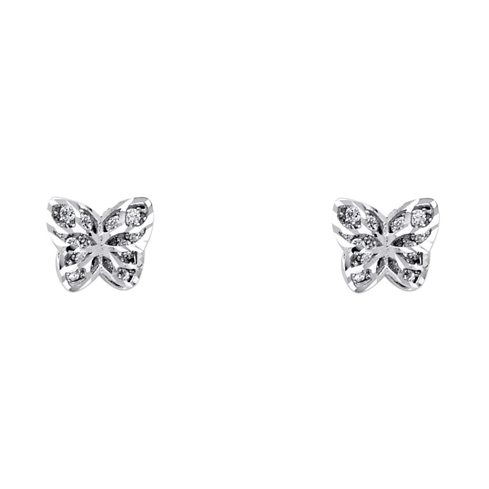 14KW CZ BUTTERFLY POST EARRINGS: 14KW CZ Butterfly Post Earrings Material Type : 14k Gold Material Color : White Avg. Weight: 1.54 Gr. Size: Height : 7 mm, Width : 8 mm Accessories: None Notice: When purchasing pre-owned goods,