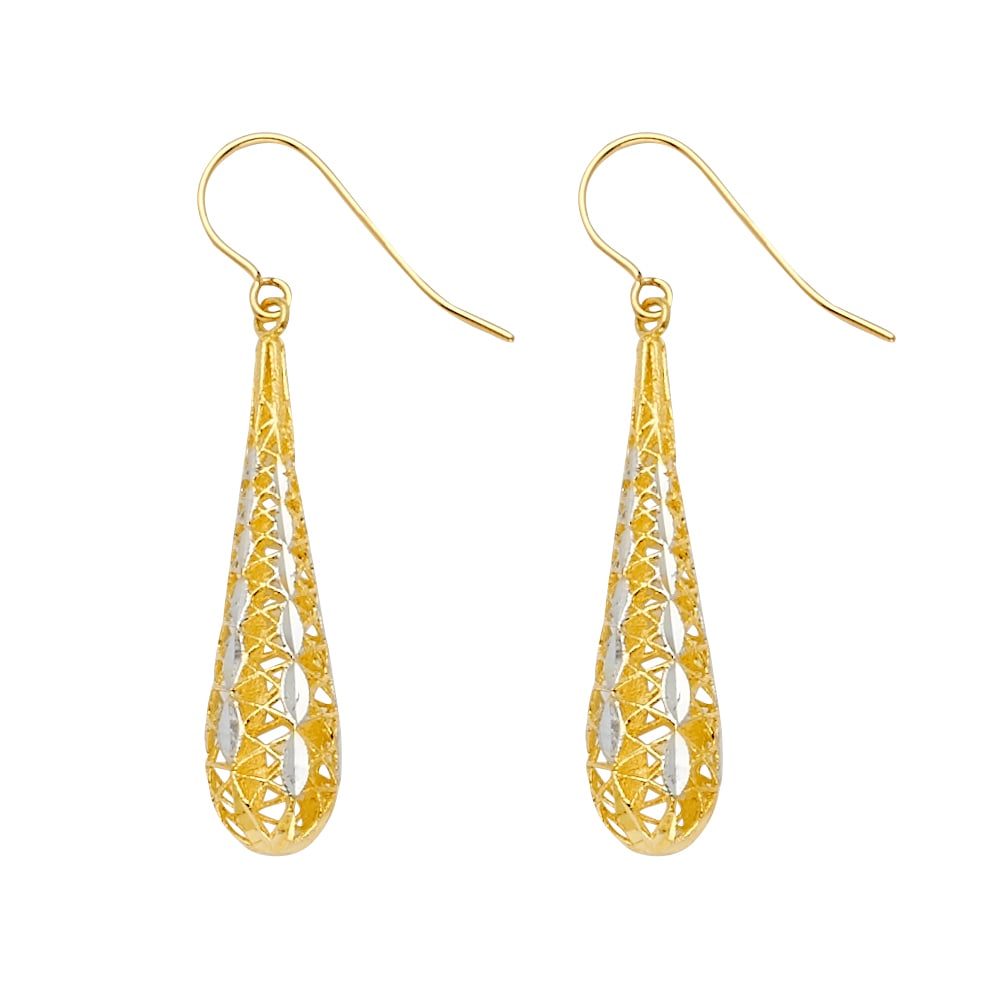 14K 2T FILIGREE TEAR DROP EARRINGS: 14K 2T Filigree Tear Drop Earrings Material Type : 14k Gold Material Color : Two Tone Avg. Weight: 2.02 Gr. Size: Height : 40 mm, Width : 8 mm Accessories: None Notice: When purchasing pre-owned