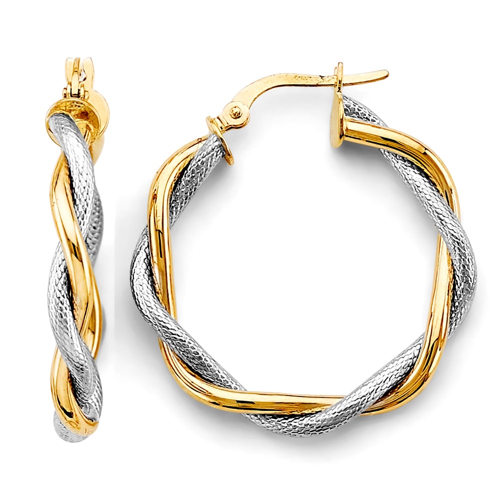 14K 2T BRAIDED HOOP EARRINGS: 14K 2T Braided Hoop Earrings Material Type : 14k Gold Material Color : Yellow Avg. Weight: 2.75 Gr. Size: Height : 30 mm, Width : 30 mm Accessories: None Notice: When purchasing pre-owned goods,