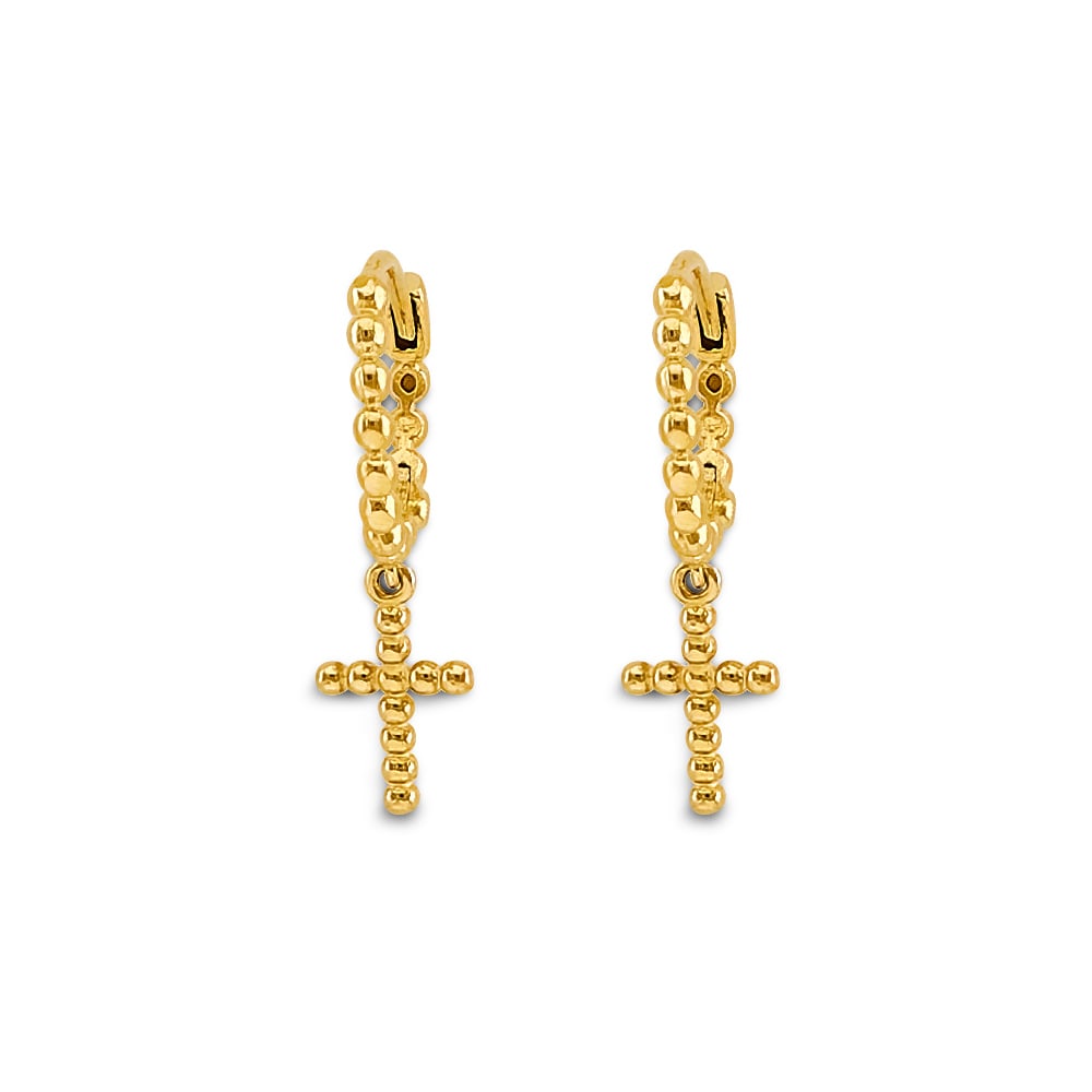 14KY BEAD CROSS HUGGIES EARRINGS: 14KY Bead Cross Huggies Earrings Material Type : 14k Gold Material Color : Yellow Avg. Weight: 1.41 Gr. Size: Height : 20 mm, Width : 5 mm Accessories: None Notice: When purchasing pre-owned goods,