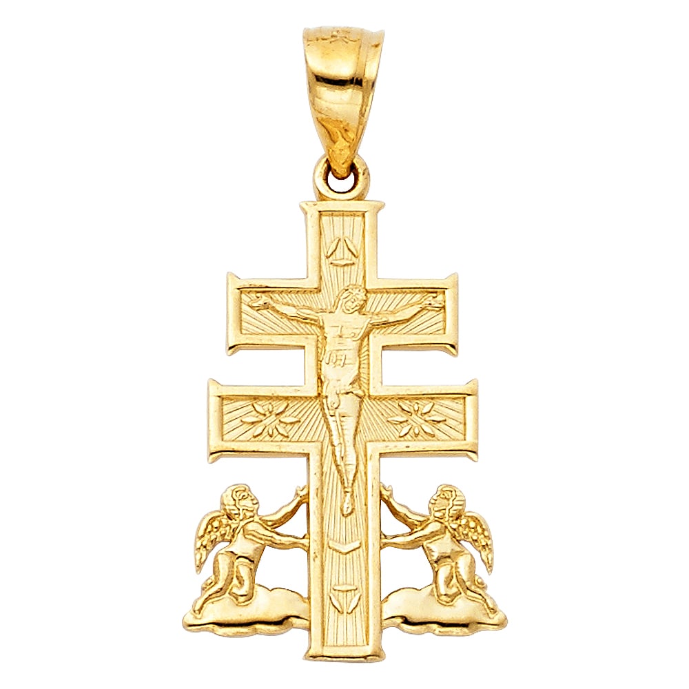 14KY CARAVACA CROSS PENDANT: 14KY Caravaca Cross Pendant Material Type : 14k Gold Material Color : Yellow Avg. Weight: 1.45 Gr. Size: Height 28 mm, Width 15 mm Accessories: None Notice: When purchasing pre-owned goods, please