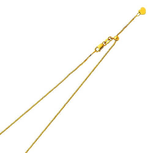14KY ADJUSTABLE BOX CHAIN: 14KY Adjustable Box Chain Material Type : 14k Gold Material Color : Yellow Avg. Weight: 2.69 Gr. Size: Length : 20 inch, Width 0.8mm Accessories: None Notice: When purchasing pre-owned goods, pleas