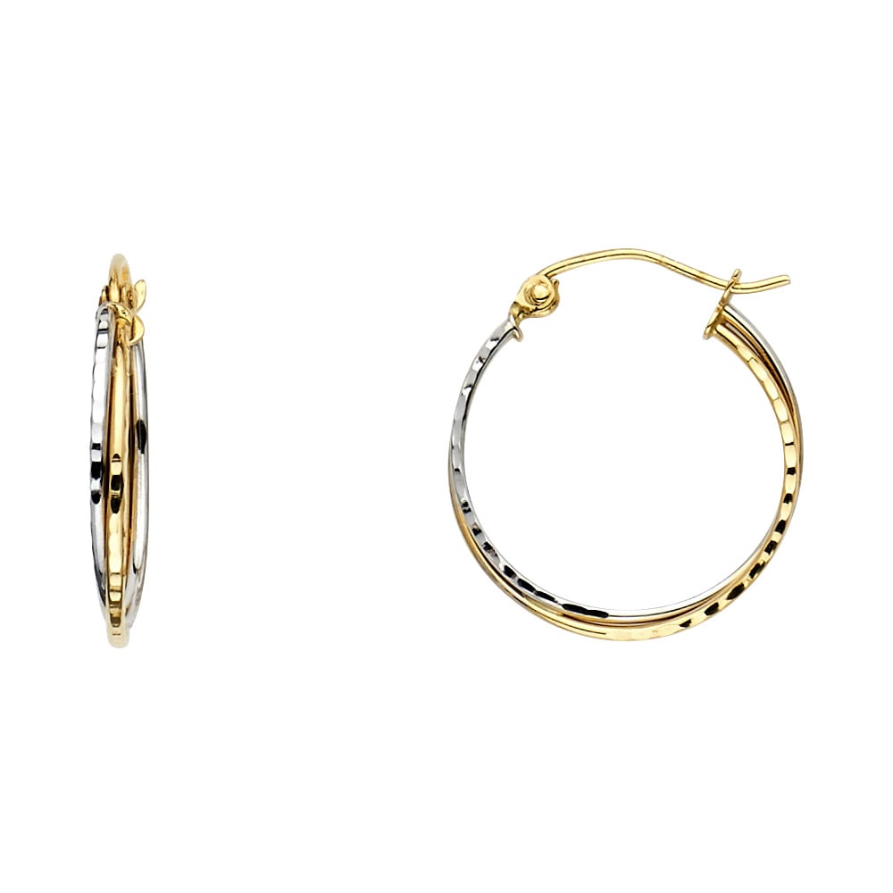 14K 2T DC HOLLOW HOOP EARRINGS: 14K 2T DC Hollow Hoop Earrings Material Type : 14k Gold Material Color : Two Tone Avg. Weight: 0.94 Gr. Size: Height : 18 mm, Width : 18 mm Accessories: None Notice: When purchasing pre-owned goods
