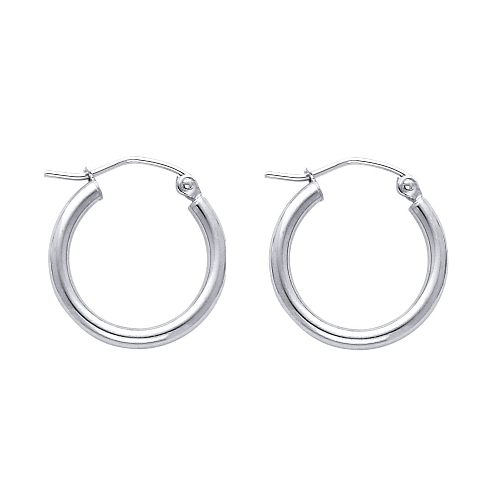 14KW ROUND TUBE POLISHED HOOP EARRINGS: 14KW Round Tube Polished Hoop Earrings Material Type : 14k Gold Material Color : White Avg. Weight: 0.9 Gr. Size: Height : 17 mm, Width : 17 mm Accessories: None Notice: When purchasing pre-owned