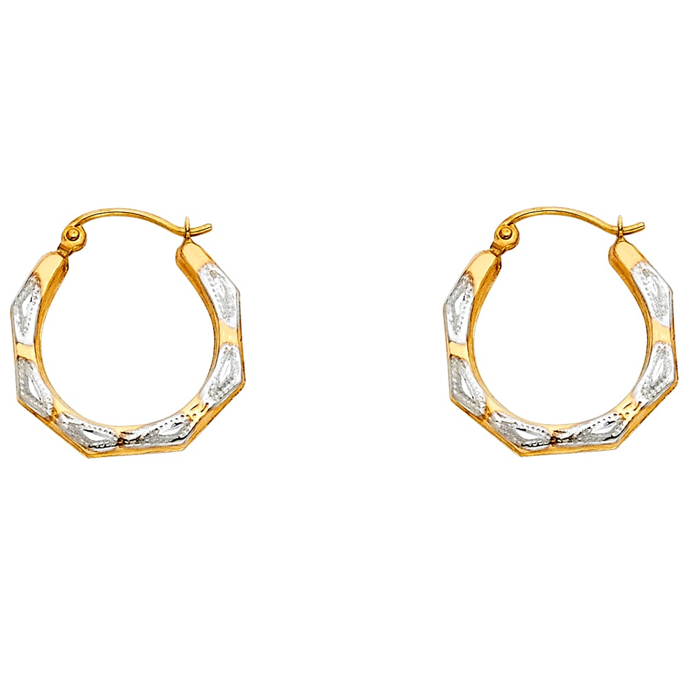 14K 2T FANCY HOLLOW HOOP EARRINGS: 14K 2T Fancy Hollow Hoop Earrings Material Type : 14k Gold Material Color : Two Tone Avg. Weight: 0.78 Gr. Size: Height : 18 mm, Width : 18 mm Accessories: None Notice: When purchasing pre-owned