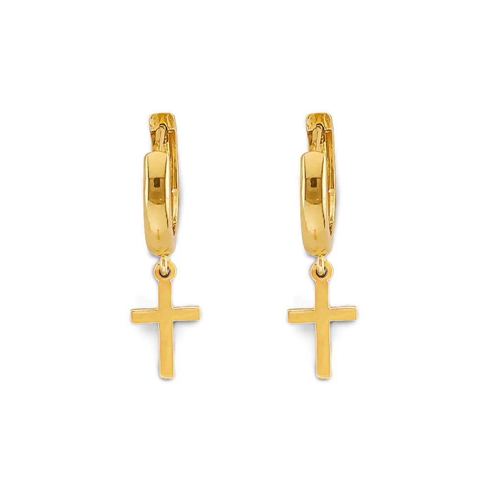 14KY SMALL CROSS HUGGIES EARRINGS: 14KY Small Cross Huggies Earrings Material Type : 14k Gold Material Color : Yellow Avg. Weight: 1.48 Gr. Size: Height : 20 mm, Width : 5 mm Accessories: None Notice: When purchasing pre-owned goods,