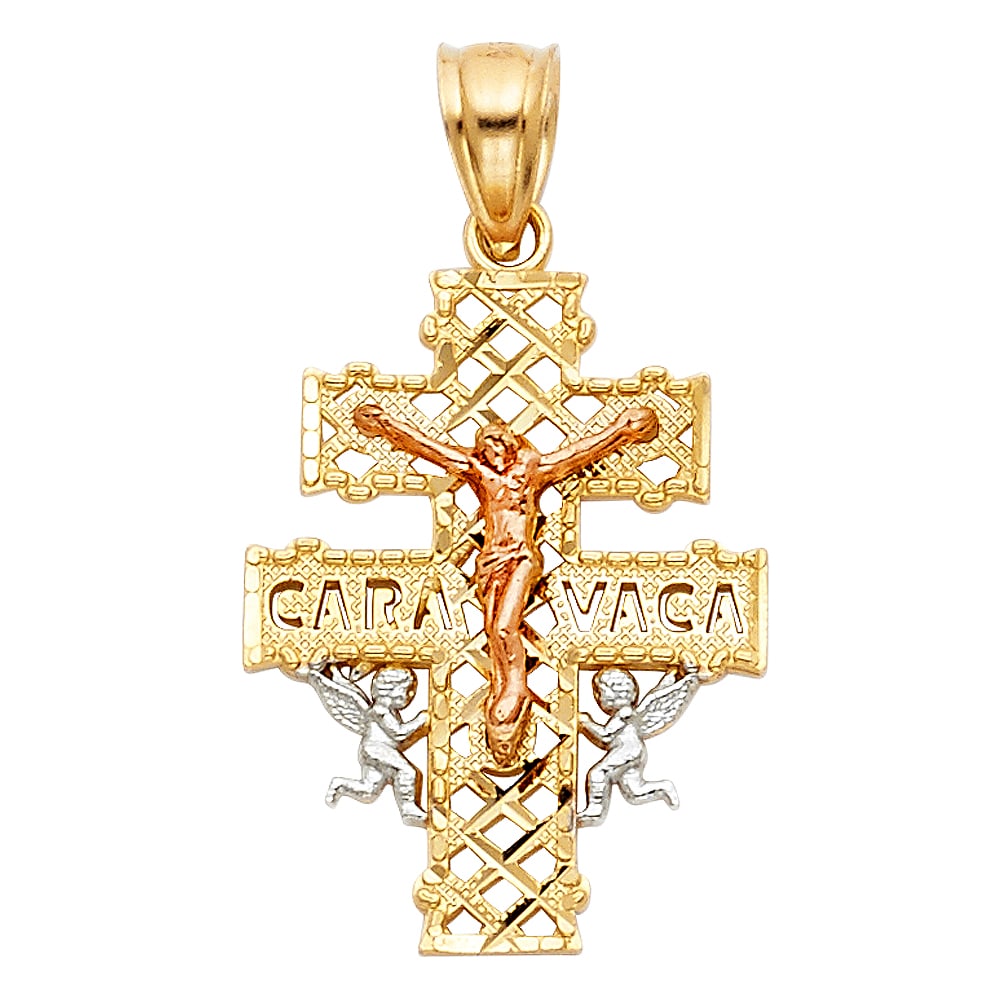 14K 3C CARAVACA CROSS PENDANT: 14K 3C Caravaca Cross Pendant Material Type : 14k Gold Material Color : Tri Color Avg. Weight: 1.56 Gr. Size: Height 25 mm, Width 16 mm Accessories: None Notice: When purchasing pre-owned goods,