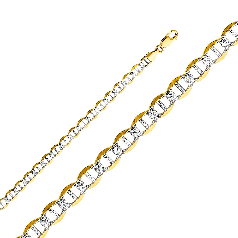 14KY FLAT MARINER WP CHAIN: 14KY Flat Mariner WP Chain Material Type : 14k Gold Material Color : Two Tone Avg. Weight: 7.84 Gr. Size: Length : 8 inch, Width 6.5mm Accessories: None Notice: When purchasing pre-owned goods,