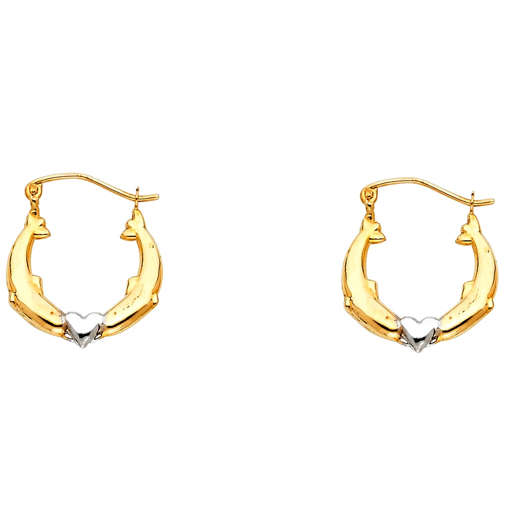 14K 2T DOLPHIN HOLLOW HOOP EARRINGS: 14K 2T Dolphin Hollow Hoop Earrings Material Type : 14k Gold Material Color : Two Tone Avg. Weight: 0.73 Gr. Size: Height : 17 mm, Width : 17 mm Accessories: None Notice: When purchasing pre-owned
