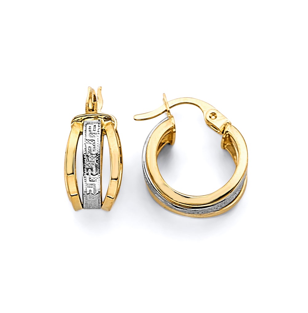14K 2T GREEK DESIGN HUGGIES EARRINGS: 14K 2T Greek Design Huggies Earrings Material Type : 14k Gold Material Color : Two Tone Avg. Weight: 2.03 Gr. Size: Height : 15 mm, Width : 15 mm Accessories: None Notice: When purchasing pre-owned