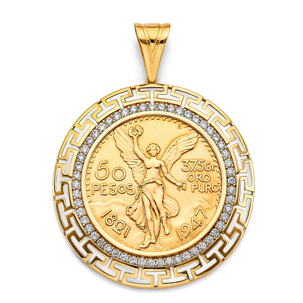 14KY CZ GREEK FRAME WITH COIN: 14KY CZ Greek Frame with Coin Type: Pendant Material Type: 14k Gold Material Color: Yellow Avg. Weight: 22.57 Gr. Size: Height : 70 mm, Width : 53 mm Accessories: None Notice: When purchasing
