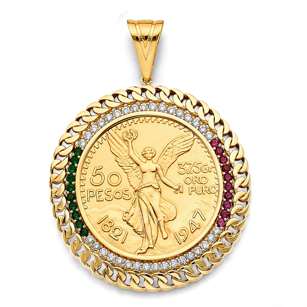 14KY CZ LINK FRAME WITH COIN: 14KY CZ Link Frame with Coin Type: Pendant Material Type: 14k Gold Material Color: Yellow Avg. Weight: 25.65 Gr. Size: Height : 70 mm, Width : 52 mm Accessories: None Notice: When purchasi