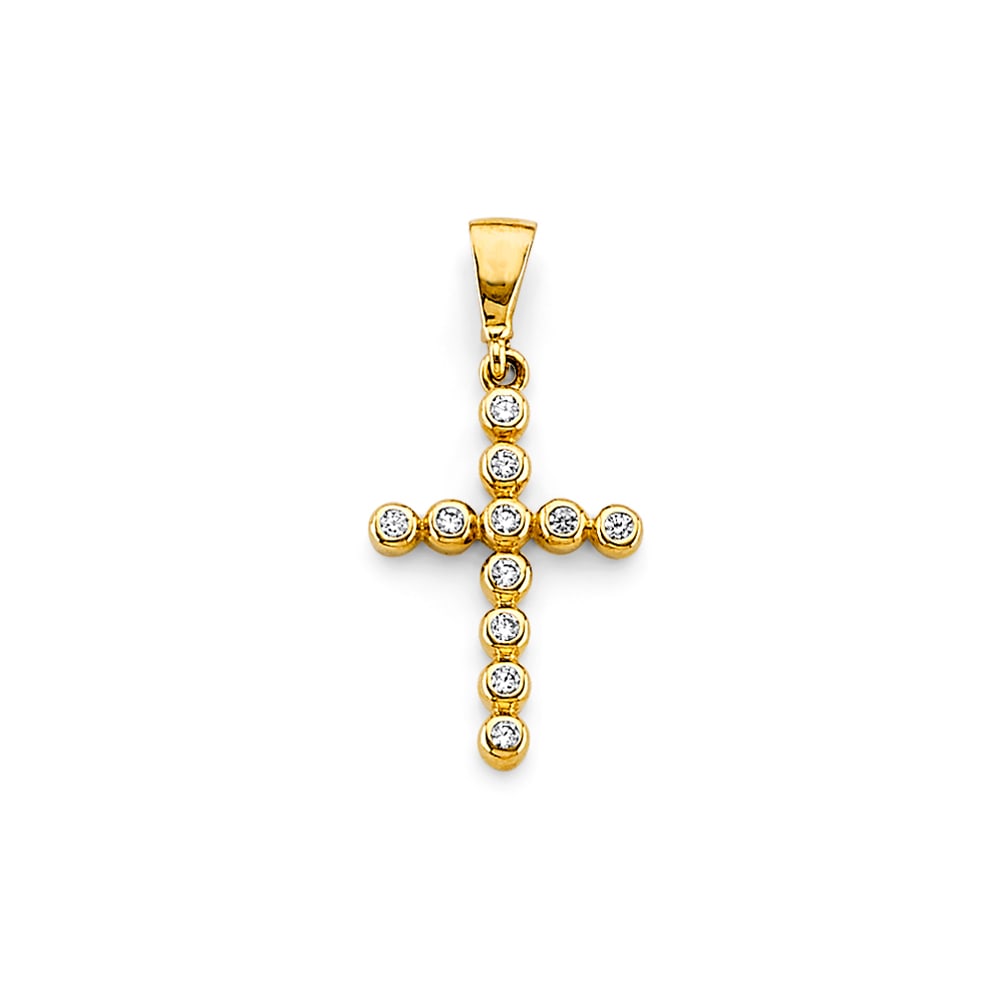 14KY CZ CROSS PENDANT: 14KY CZ Cross Pendant Type: Pendant Material Type: 14k Gold Material Color: Yellow Avg. Weight: 0.81 Gr. Size: Height : 25 mm, Width : 13 mm Accessories: None Notice: When purchasing pre-owned goods,
