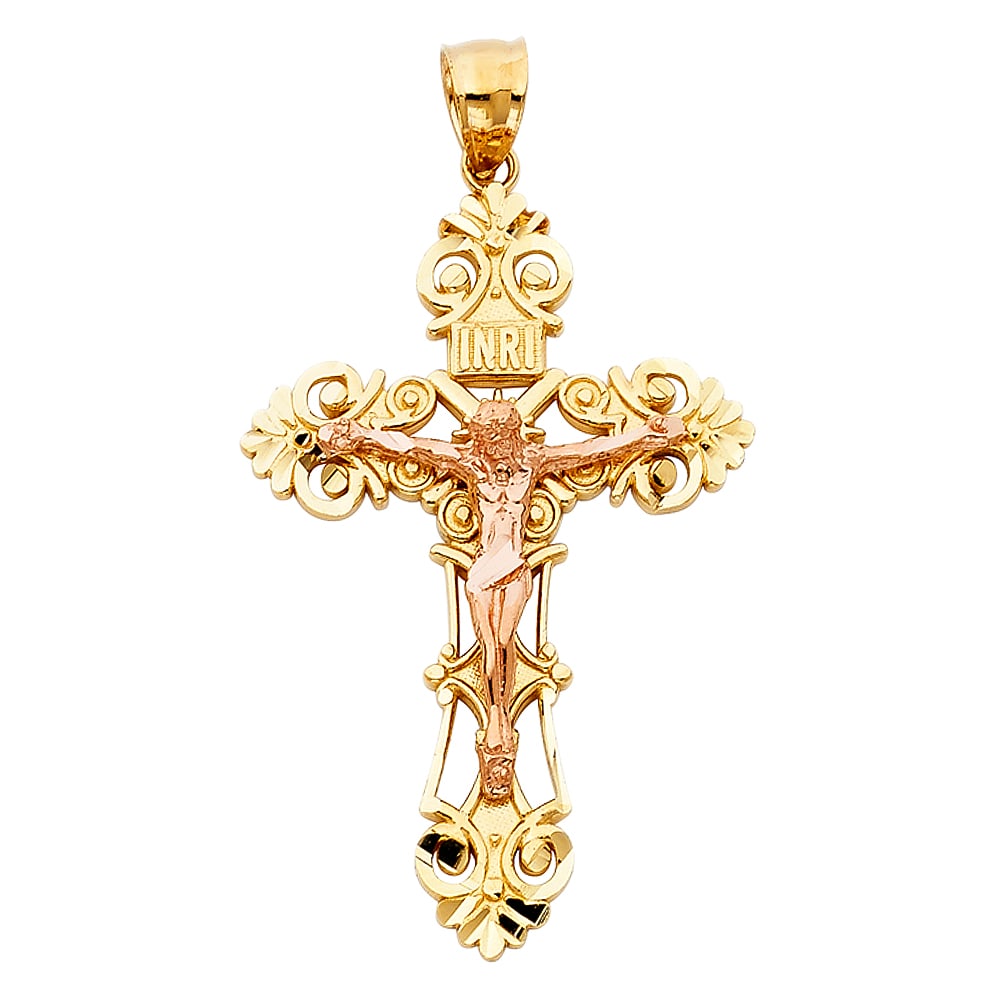 14K 2T CRUCUFIX PENDANT: 14K 2T Crucufix Pendant Type: Pendant Material Type: 14k Gold Material Color: Two Tone Avg. Weight: 5 Gr. Size: Height : 45 mm Width : 30 mm Accessories: None Notice: When purchasing pre-owned goods,