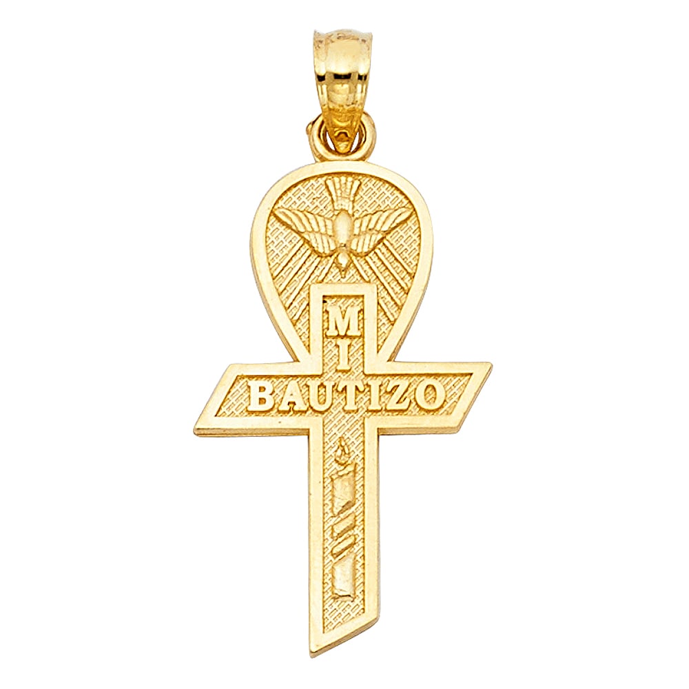 14KY BAPTISM CROSS PENDANT: 14KY Baptism Cross Pendant Type: Pendant Material Type: 14k Gold Material Color: Yellow Avg. Weight: 1.32 Gr. Size: Height : 24 mm,Width : 15 mm Accessories: None Notice: When purchasing pre-owned