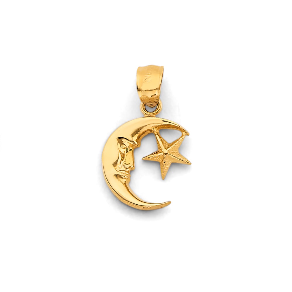 14KY MOON & START PENDANT: 14KY Moon & Start Pendant Type: Pendant Material Type: 14k Gold Material Color: Yellow Avg. Weight: 1.26 Gr. Size: Height : 20 mm, Width : 13 mm Accessories: None Notice: When purchasing pre-owned